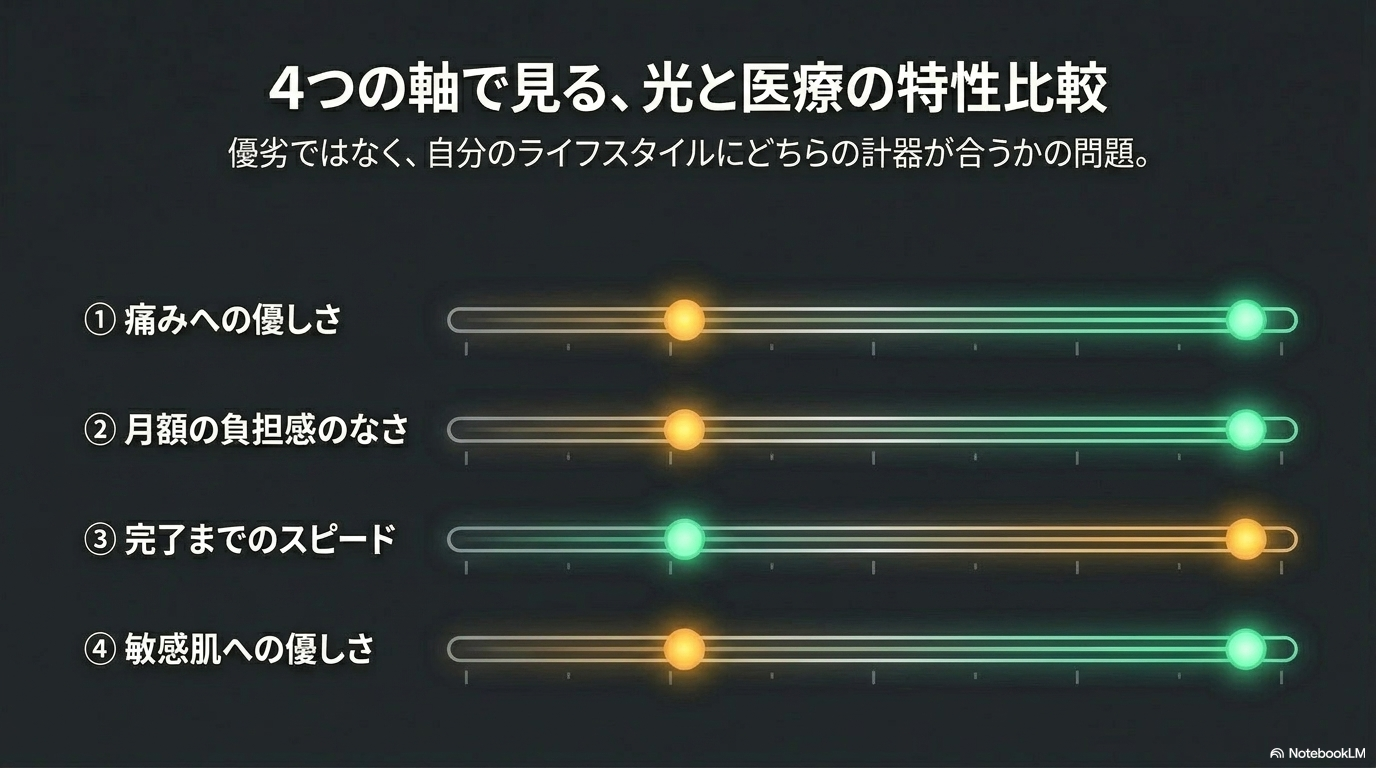 4つの軸で見る光と医療の特性比較