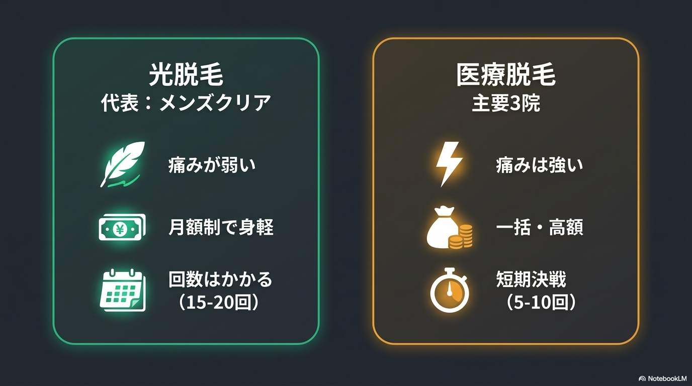 光脱毛(メンズクリア)と医療脱毛3院の比較:痛み・費用・回数