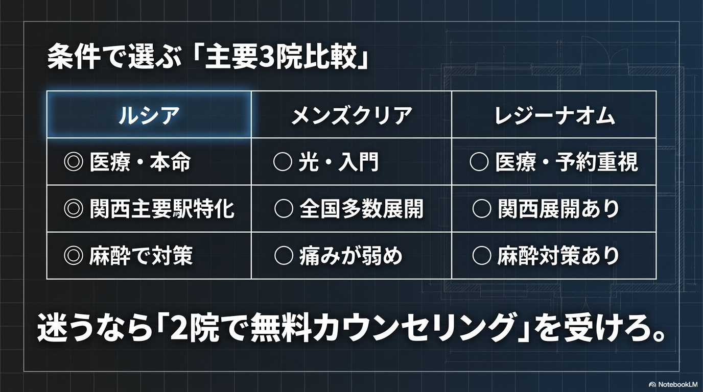 主要3院比較(ルシア・メンズクリア・レジーナオム)