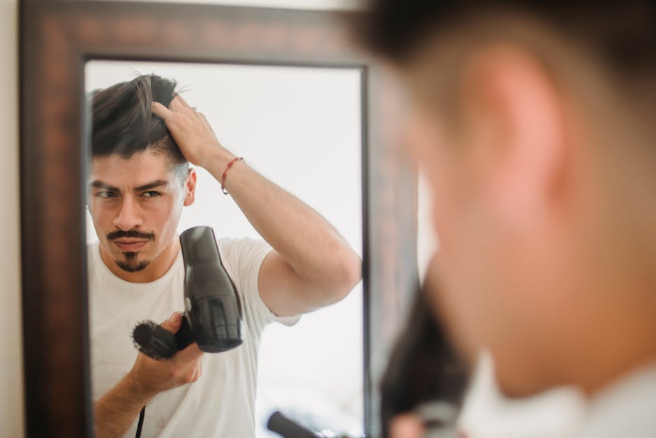 japanese man hair check mirror morning bathroom worried