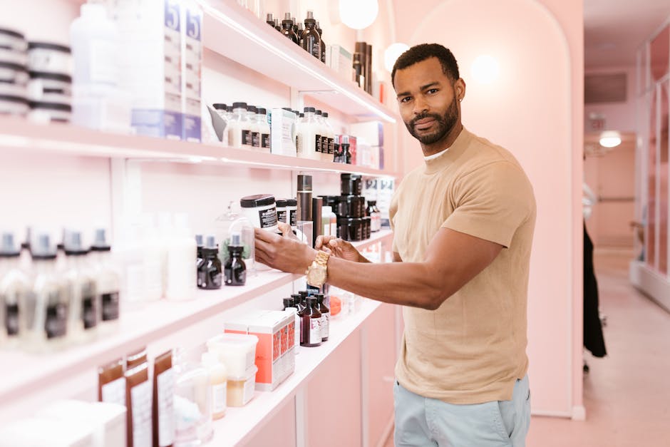 men skincare shelves products variety bathroom