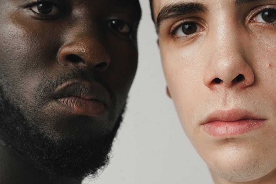 men different skin types comparison faces close up