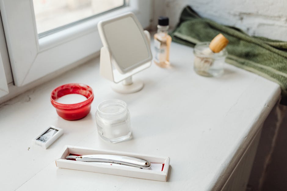 men grooming products lineup bathroom shelf