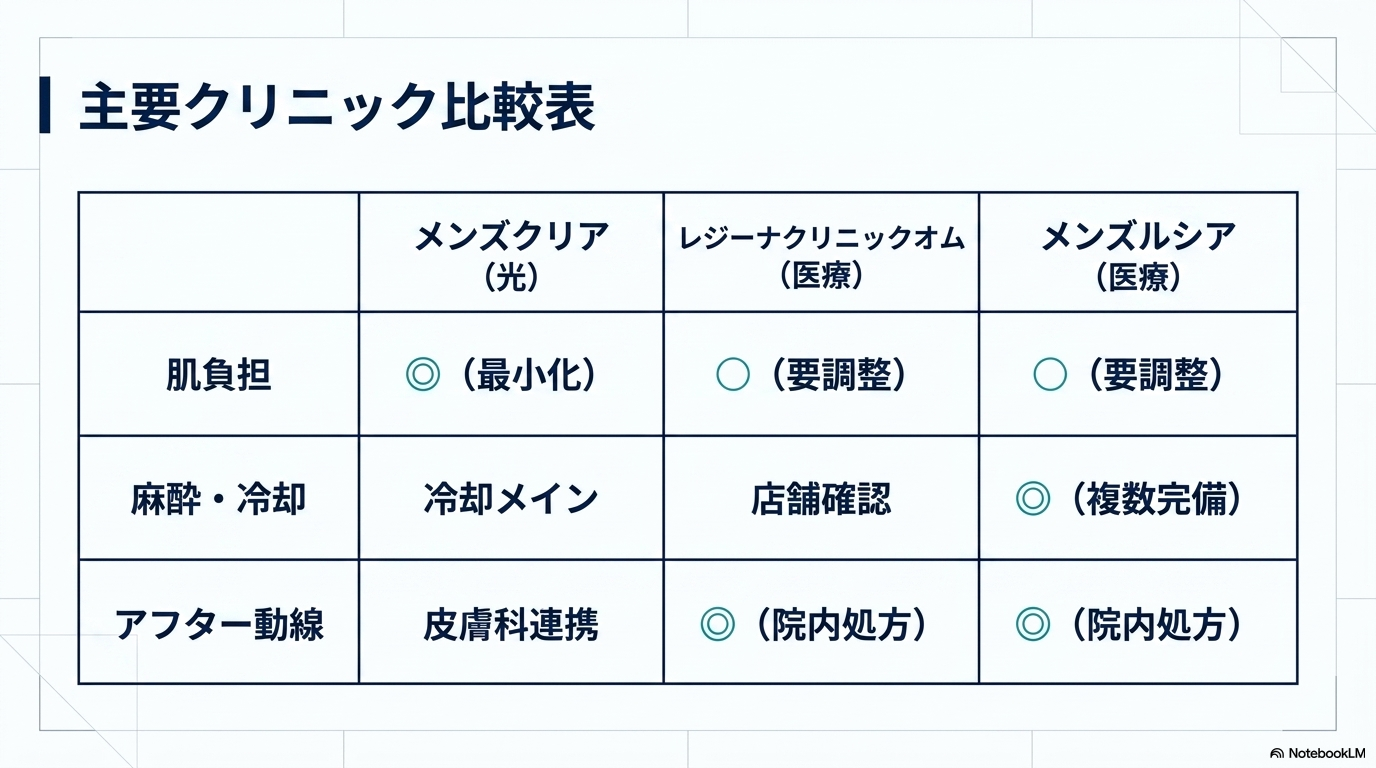 主要クリニック比較（肌負担・麻酔冷却・アフター）