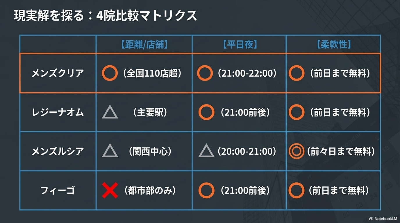 平日夜・土日に強い4院比較(全国110店超ほか)