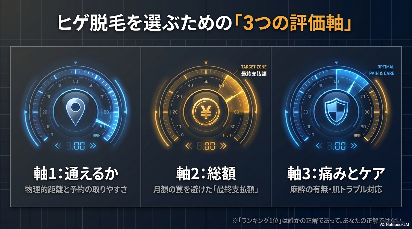 ヒゲ脱毛を選ぶ3つの評価軸 通いやすさ・総額・痛み