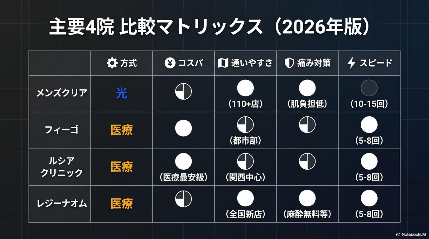 ヒゲ脱毛 主要4院 比較マトリックス 2026年版