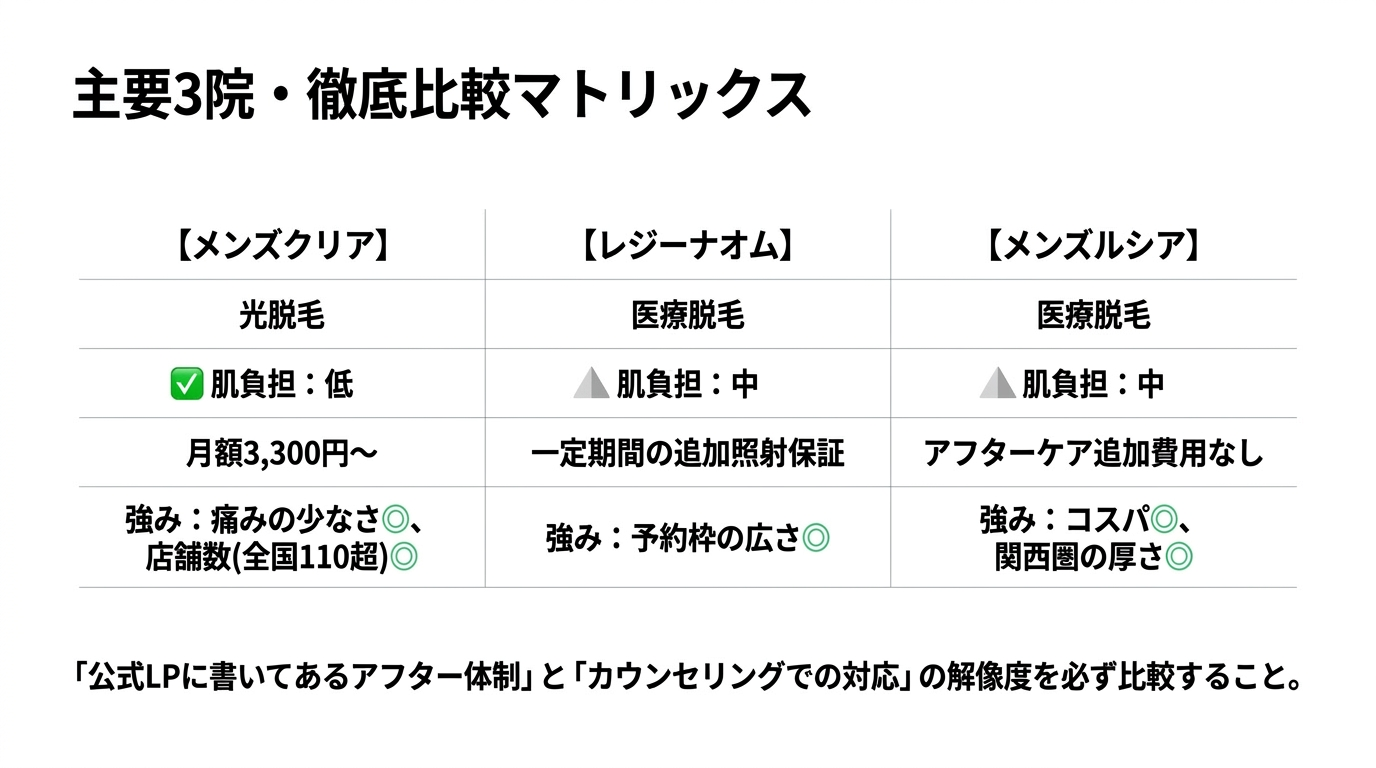 ヒゲ脱毛 主要3院のアフターケア体制比較(図解)