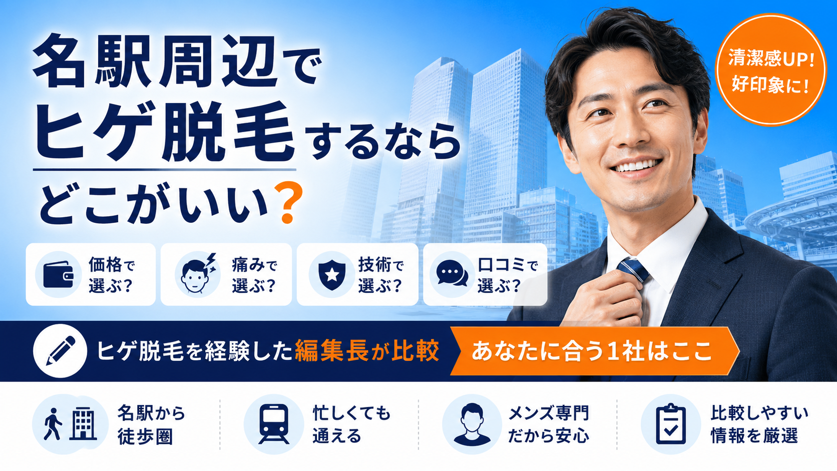 名駅周辺でヒゲ脱毛するならどこがいい?価格・痛み・技術・口コミで選ぶメンズ脱毛比較