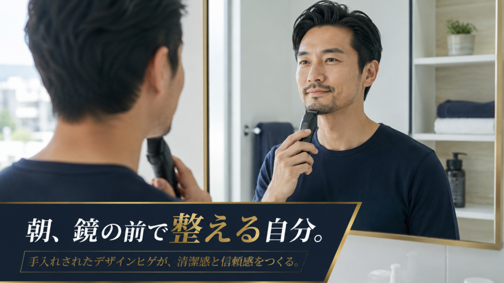 洗面所の鏡の前でヒゲトリマーを使い、デザインヒゲを整える40代の男性