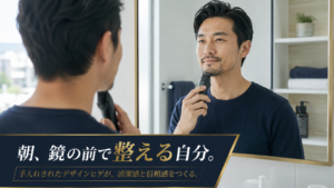 洗面所の鏡の前でヒゲトリマーを使い、デザインヒゲを整える40代の男性