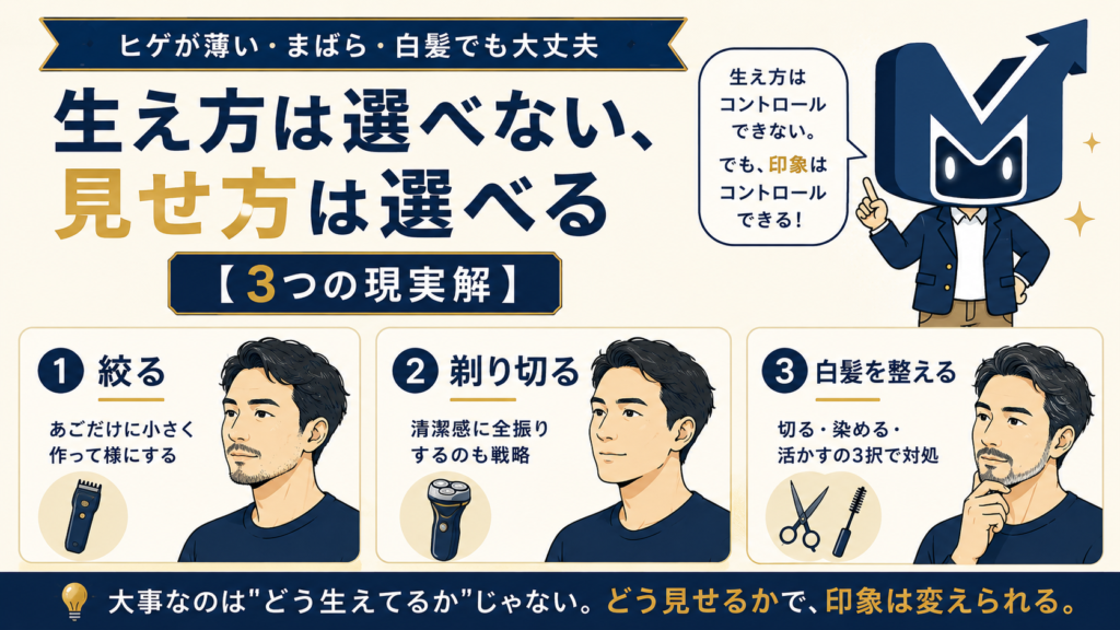 ヒゲが薄い・まばら・白髪でも大丈夫。生え方は選べない、見せ方は選べる。絞る・剃り切る・白髪を整えるの3つの現実解