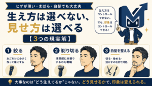 ヒゲが薄い・まばら・白髪でも大丈夫。生え方は選べない、見せ方は選べる。絞る・剃り切る・白髪を整えるの3つの現実解
