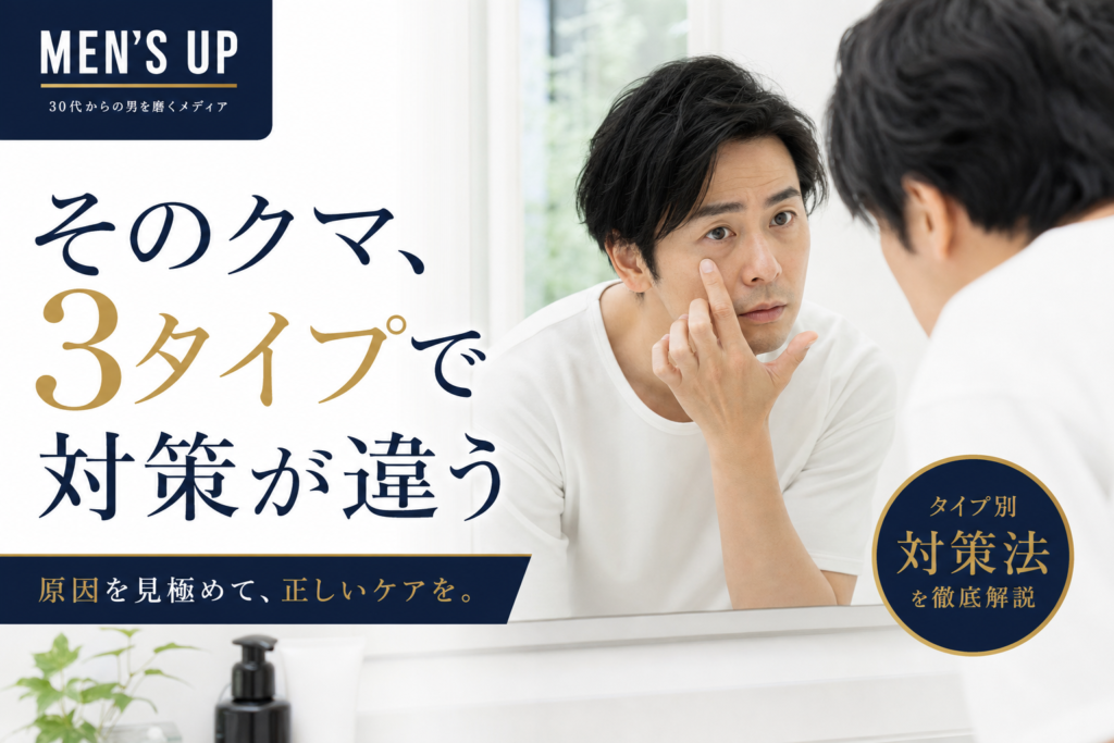 目の下のクマで疲れて見える男性向け・3タイプ診断記事のアイキャッチ