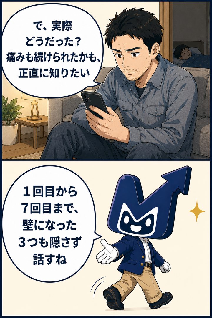 「で、実際どうだった？痛みも続けられたかも、正直に知りたい」とスマホを見る男性に、MU君が「1回目から7回目まで、壁になった3つも隠さず話すね」と答える2コマ漫画