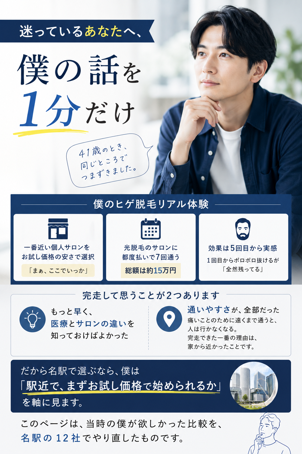 迷っているあなたへ、僕の話を1分だけ。41歳でヒゲ脱毛を始めた編集長のリアル体験：一番近い個人サロンをお試し価格で選び、光脱毛に都度払いで7回通って総額約15万円で完走。実感が出てきたのは5回目から、完走のカギは通いやすさ。名駅で選ぶなら駅近とお試し価格を軸に、名駅の12社で比較し直した。