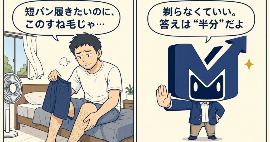 「短パン履きたいのに、このすね毛じゃ…」と悩む男性に、MU君が「剃らなくていい。答えは半分だよ」と答える2コマ漫画